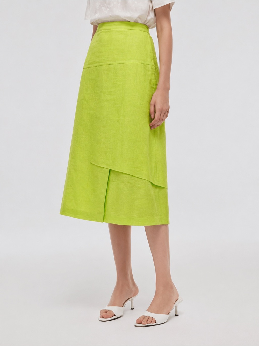 Ana Nonza Woven Ramie Layered Midi Skirt Elastic Waist Lime Green *841